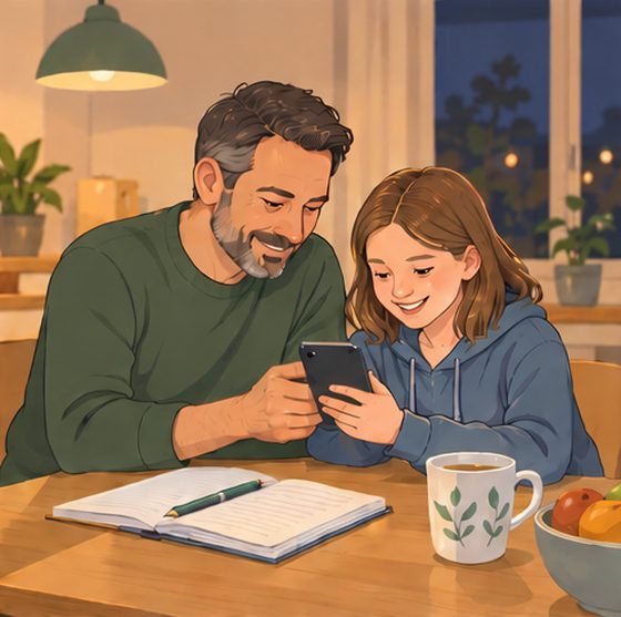 Elternteil mit Kind am Küchentisch