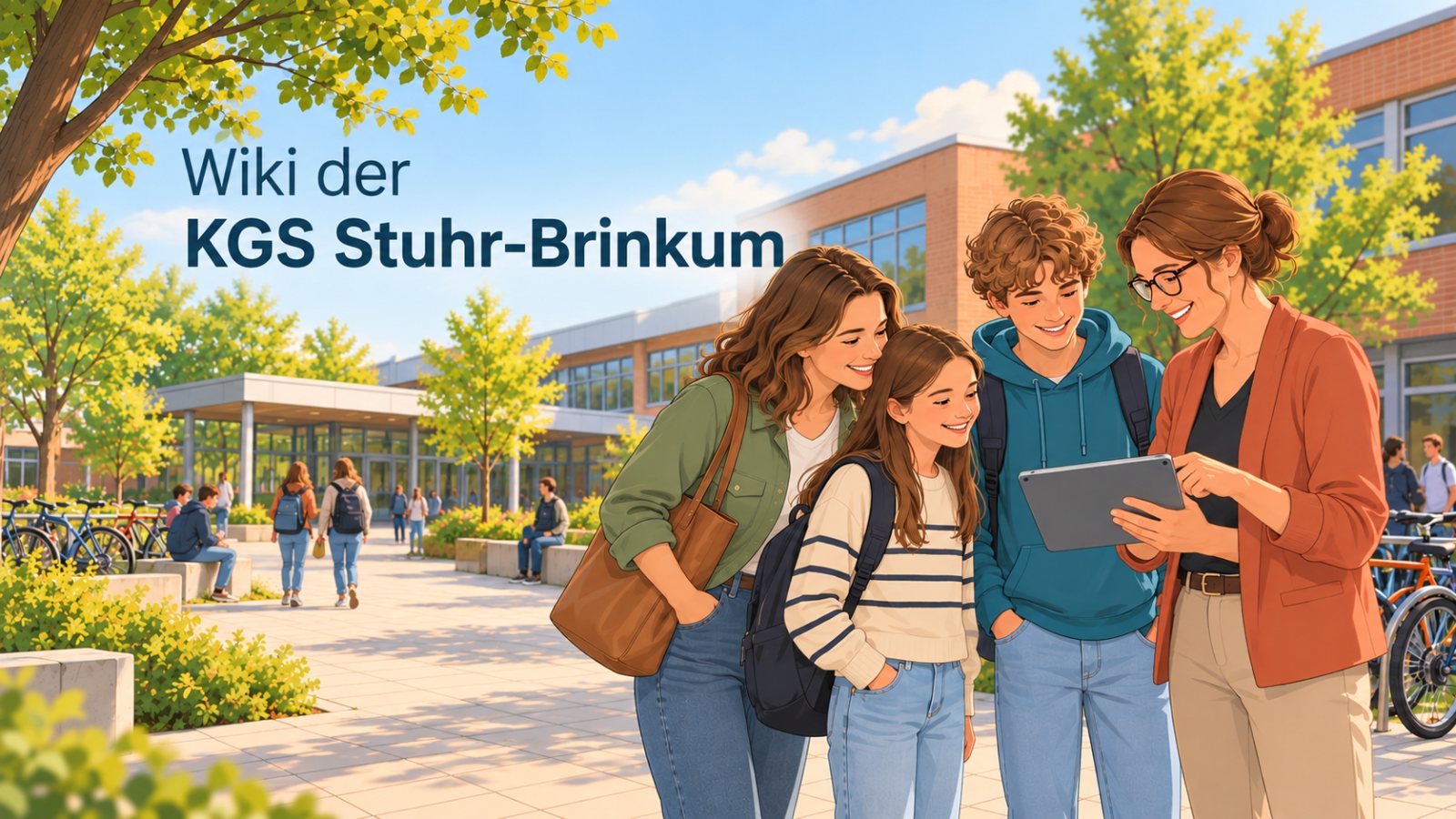 Wiki der KGS Stuhr-Brinkum: Eine Lehrkraft zeigt Eltern und Schüler:innen etwas auf dem Tablet vor dem Schulgebäude